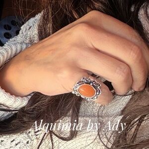 Orange Jade Heritage Ring — Ornate Silver Scrollwork